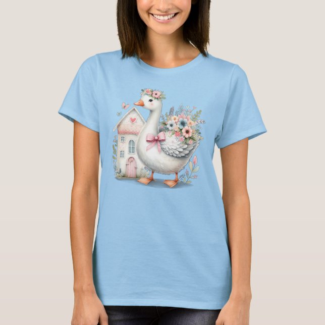 Hütte Gänse Blumenhausszene T-Shirt (Vorderseite)