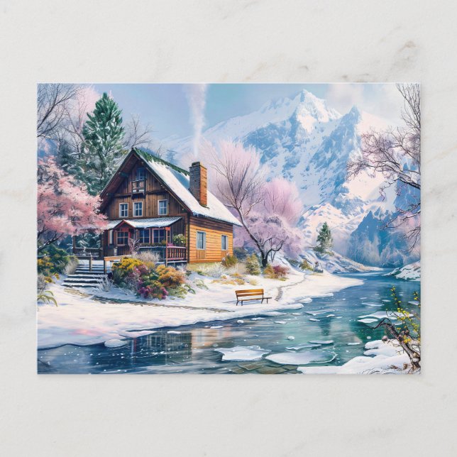 Hütte im Frühling mit Blüten Postkarte (Vorderseite)