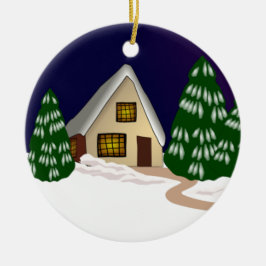 Hütte im Schnee & Bäume Keramik Ornament