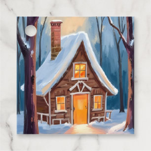 Hütte im schneebedeckten Winterwald Weihnachten Geschenkanhänger