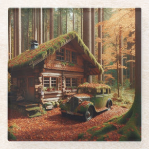 Hütte im Wald mit einem Antiquitäten-Automobil Glasuntersetzer