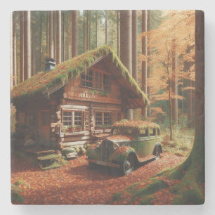 Hütte im Wald mit einem Antiquitäten-Automobil Steinuntersetzer