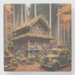 Hütte im Wald mit einem Antiquitäten-Automobil Steinuntersetzer