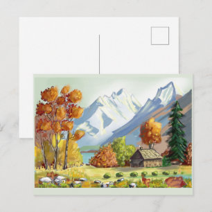 Hütte in den Bergen, Herbstfarben. Gemälde. Postkarte