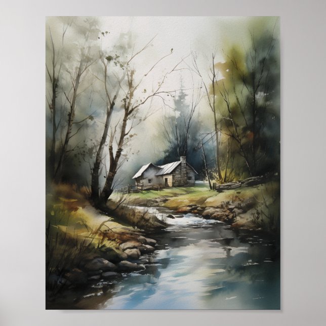 Hütte in der Waldlandschaft Poster (Vorne)