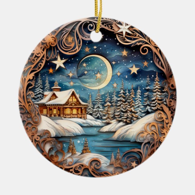 Hütte in der Winter Nacht des Waldes Keramik Ornament (Vorne)