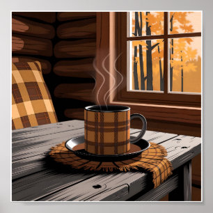 Hütte Karierter Kaffee Herbstwald Rustikale Zuhaus Poster