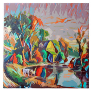 Hütte Kühe Teich Landschaft Abstrakte Kunst Fliese