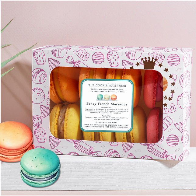 Hütte Law Zuhause Bakery Ingredients Allergens Quadratischer Aufkleber (Home Based Cookie Bakery Macarons Logo Square Cottage Law Label)