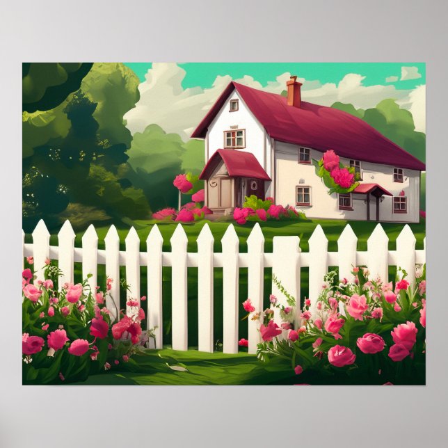 Hütte mit einem weißen Raketenzaun und Blume Poster (Vorne)