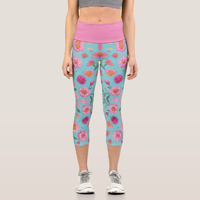 Hütte-Mittelblütenblütenblütenfarben Rosa Blume Capri Leggings (Vorderseite)