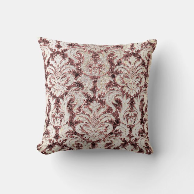 Hütte Pink Rose Maroon Damask Gray Pearl Glitzer Kissen (Vorderseite)