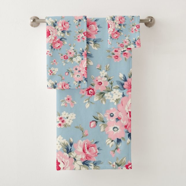 Hütte Rosa Rosen auf blauem Hintergrund Badhandtuch Set (Insitu)