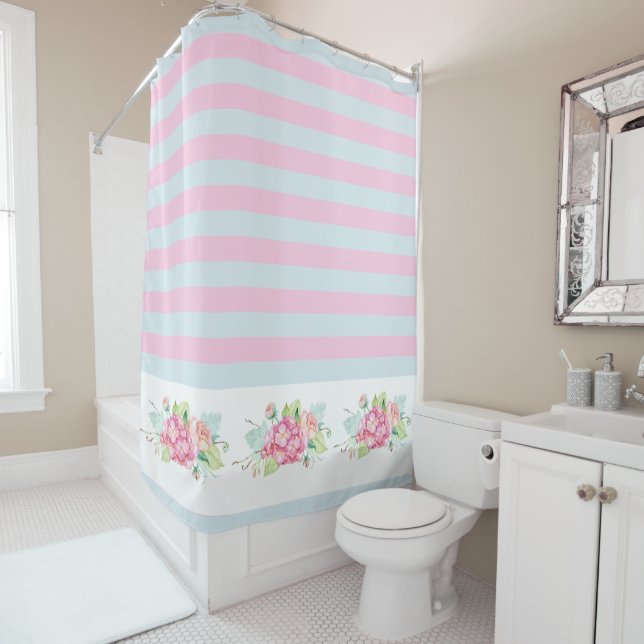 Hütte Rosa und Blau Hydrangea Floral Retro Duschvorhang (Beispiel)
