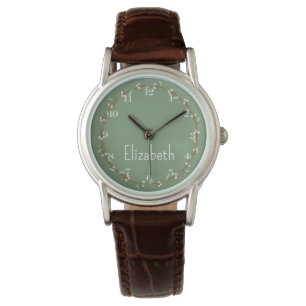 Hütte Rosa und grüner Blumenkranz Personalisiert Armbanduhr