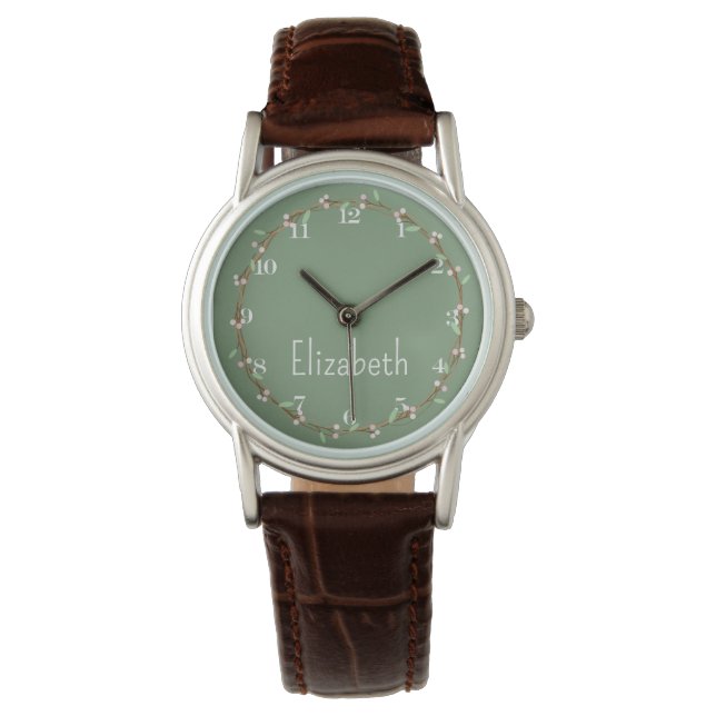 Hütte Rosa und grüner Blumenkranz Personalisiert Armbanduhr (Vorderseite)