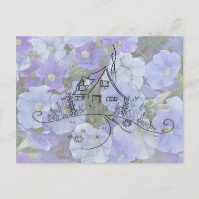 Hütte Stickerei & Petunias Postkarte (Vorderseite)