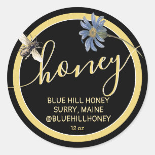 Hütte Style Blue Flowers Honey Label Bee Black Runder Aufkleber