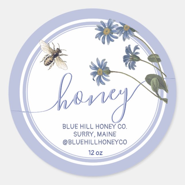 Hütte Style Blue Flowers Honey Label mit Biene Runder Aufkleber (Vorderseite)