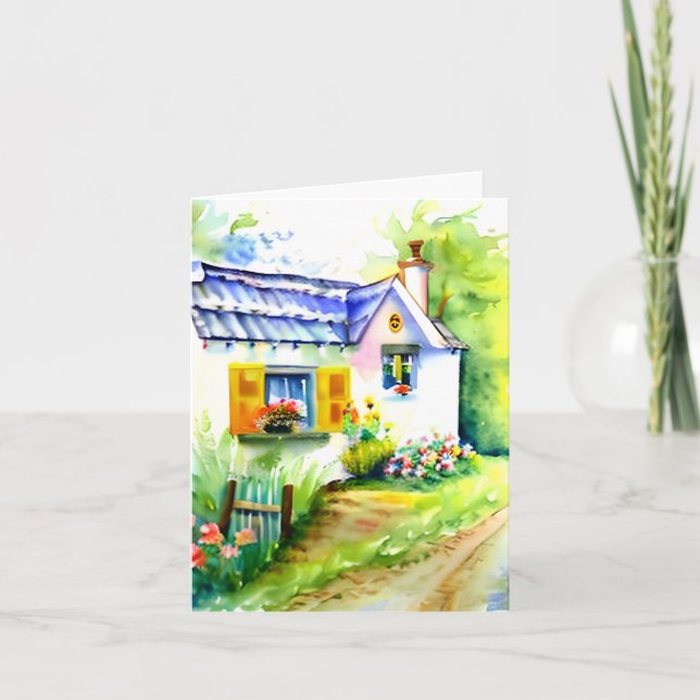 Hütte und Blume von Aquarellfarben Karte (Vorderseite)