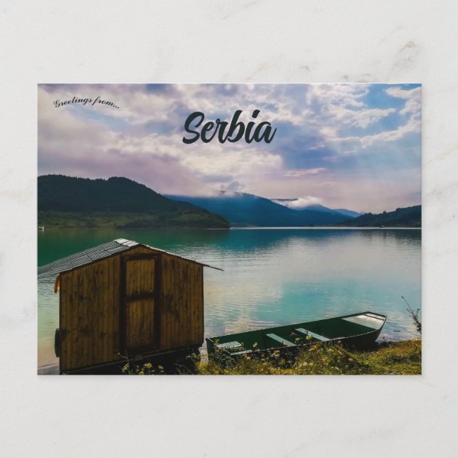 Hütte und Schiff am See Zavoj Serbien Postkarte (Vorderseite)