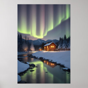 Hütte unter dem Nordlicht Poster