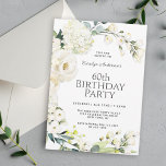 Hütte White Floral 60. Geburtstagsparty Einladung<br><div class="desc">Feiern Sie ihren 60. Geburtstag im hübschen Stil der Hütte im Bauernhaus mit dieser schicken, blühenden Geburtstagsfeier. Es verfügt über einen offenen Kranich aus weißen Hydrangeas, Rose und gemischten Blume mit Eukalyptus und anderen Grünpflanzen. Personalisieren Sie die Textvorlage mit Ihren Ereignisdetails. Da der gesamte Text in der Textvorlage bearbeitet werden...</div>