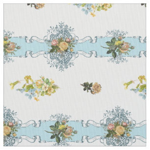Hüttechic-Gelb-Rosen und blaue Bänder Stoff