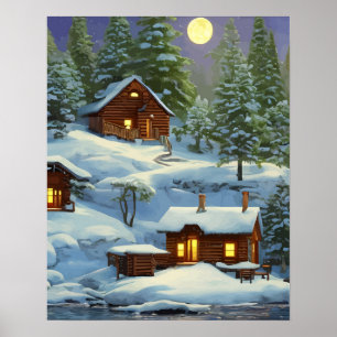 Hütten in der Schneelandschaft des Waldes Poster