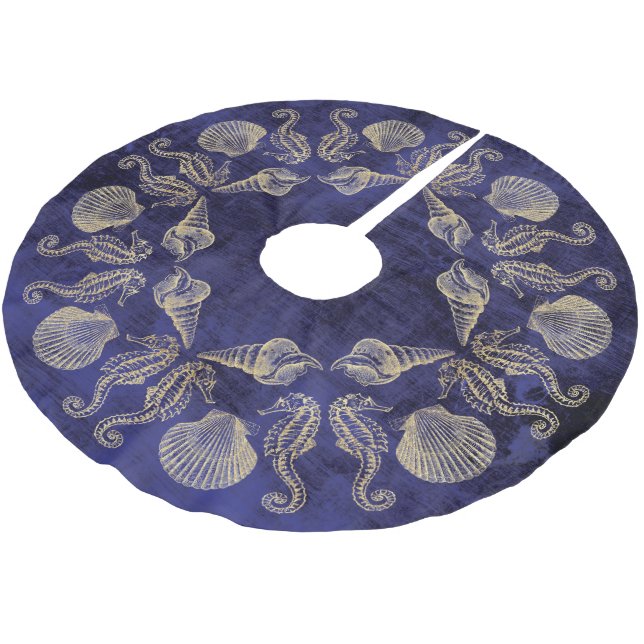 Hütten-Strand-blaue GoldseeMuschel Polyester Weihnachtsbaumdecke (Schrägansicht)