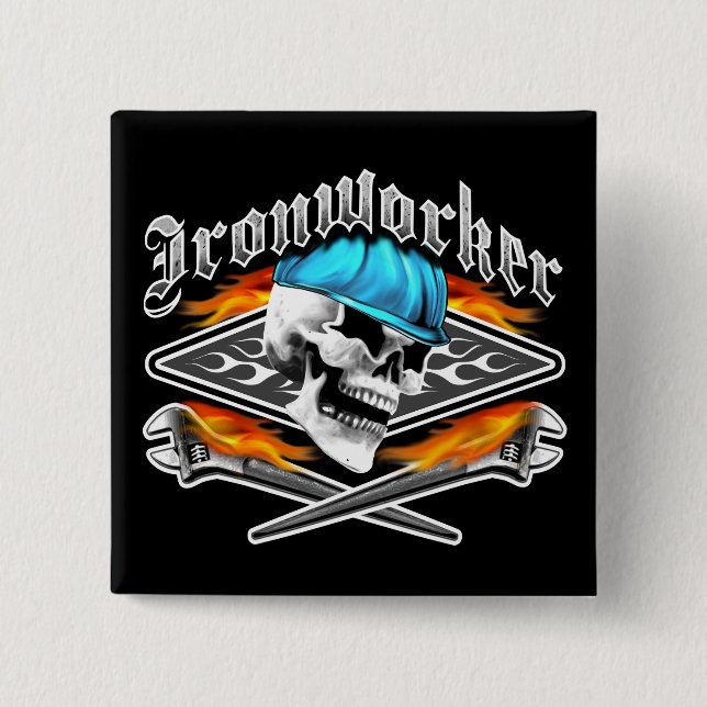 Hüttenarbeiter-Schädel und lodernde Schlüssel Button (Vorderseite)