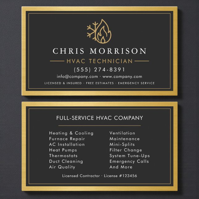 HVAC Heating Cooling Technician Gold Metallic Visitenkarte (Von Creator hochgeladen)