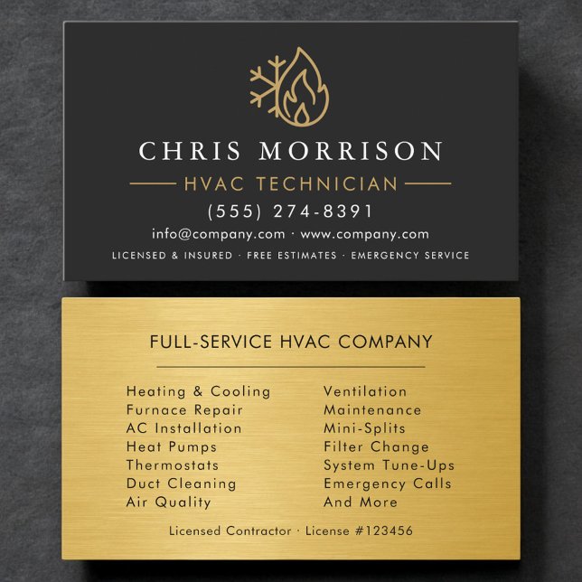 HVAC Technician Black Gold Logo Metallic Visitenkarte (Von Creator hochgeladen)