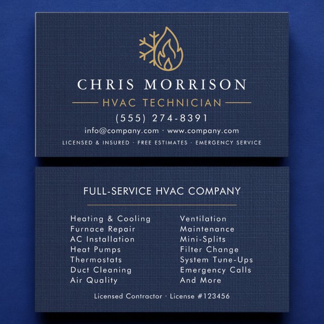 HVAC Technician Navy Blue Gold Linen Visitenkarte (Von Creator hochgeladen)