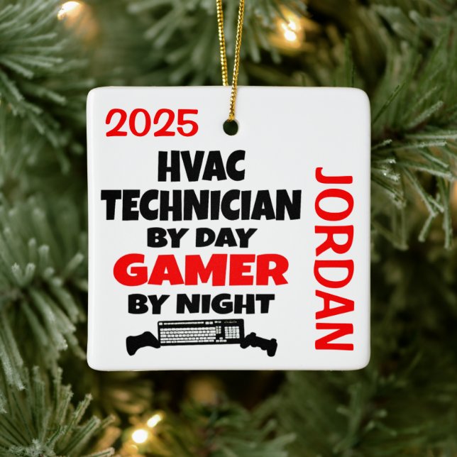 HVAC Techniker-Lieben spielen Videospiele Keramikornament (Baum)