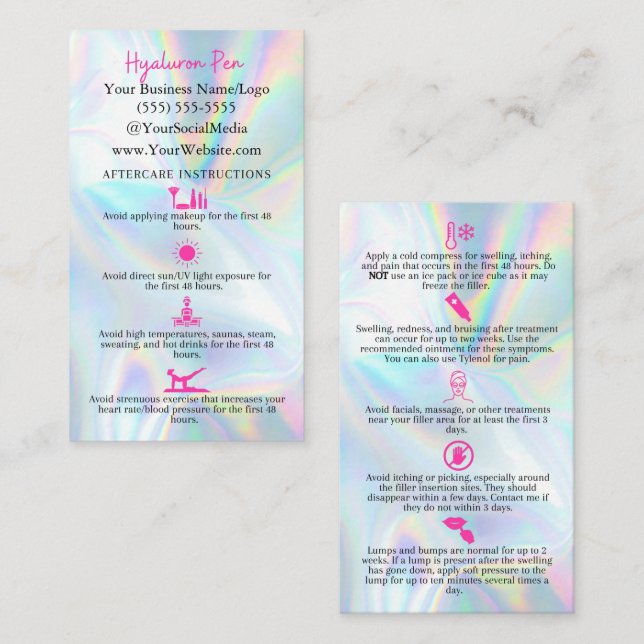 Hyaluron Pen Filler Aftercare Instruction Cards Visitenkarte (Vorne/Hinten)