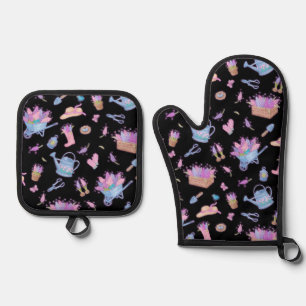 Hyazinthen-Garten Blumenmuster Schwarz Ofenhandschuh & Topflappen-Set
