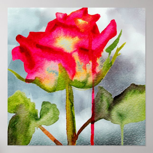 Hybrid Tee Rose Pop Aquarell Moderne Blume Poster (Vorne)