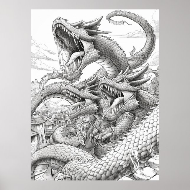 Hydra Coloring Book Page - Mythische Kreatur Illus Poster (Vorne)