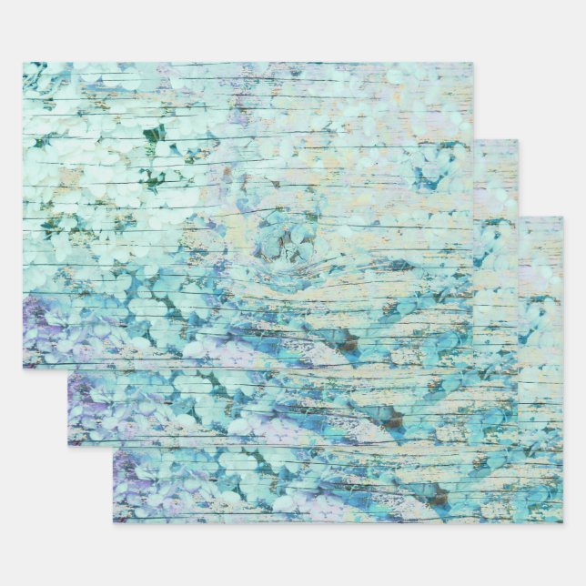 Hydrangea Aquamarines Land Vintages Holz Geschenkpapier Set (Set)