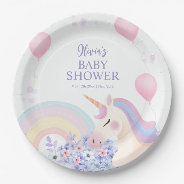 Hydrangea Balloon Rainbow Unicorn Babydusche Pappteller (Vorderseite)