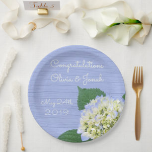 Hydrangea Bloom Blue Wood Grain Wedding Pappteller
