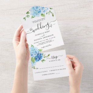 Hydrangea Blue Dusty Light Floral Wedding RSVP All In One Einladung