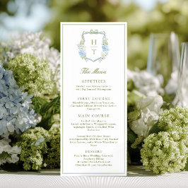 Hydrangea Blue Floral Crest Wedding Menükarte