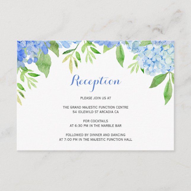 Hydrangea Blue Floral Hochzeitsempfang Begleitkarte (Vorderseite)
