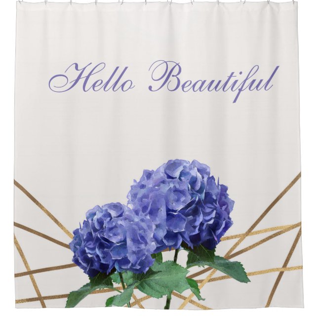 Hydrangea Blue Flowers & Gold Floral Chic Spring Duschvorhang (Vorderseite)