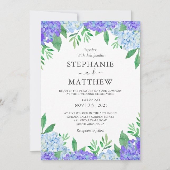 Hydrangea Blue Lila Watercolor Botanische Hochzeit Einladung (Vorderseite)