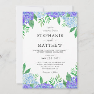 Hydrangea Blue Lila Watercolor Botanische Hochzeit Einladung