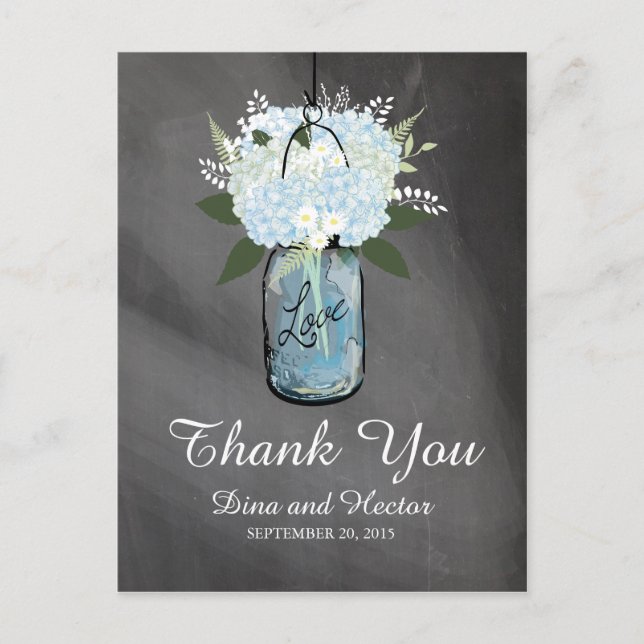 Hydrangea Blue Mason Jar Chalkboard | Vielen Dank Postkarte (Vorderseite)