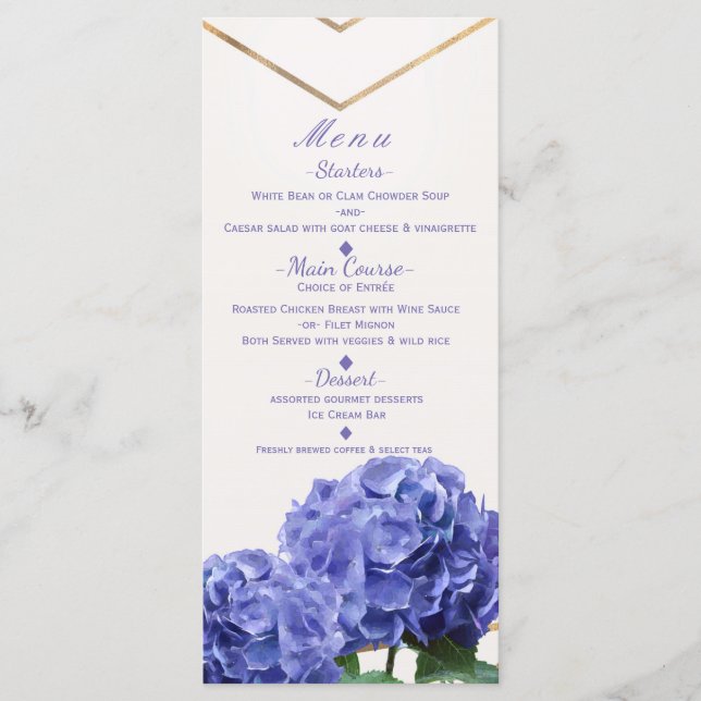 Hydrangea Blume & Gold Elegante Wedding Menu Card Menükarte (Vorderseite)